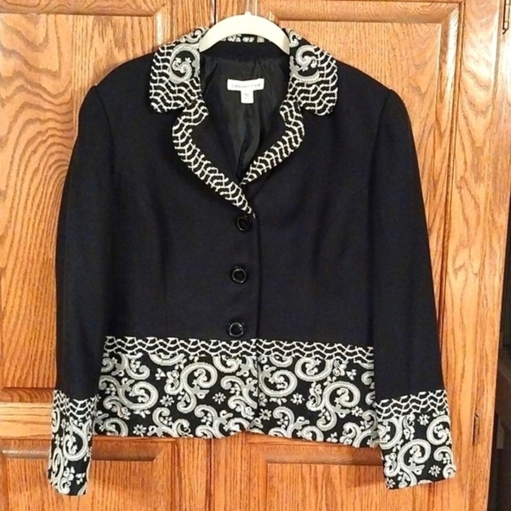 Coldwater Creek Women's Size 10P Lined Black Blazer Jacket White Gray Embroidery - Picture 1 of 9